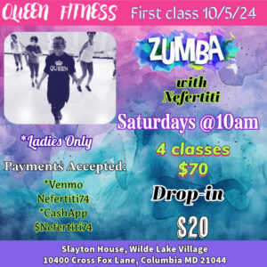 An image showing details of Saturday Zumba with Nefertiti classes at Slayton House.